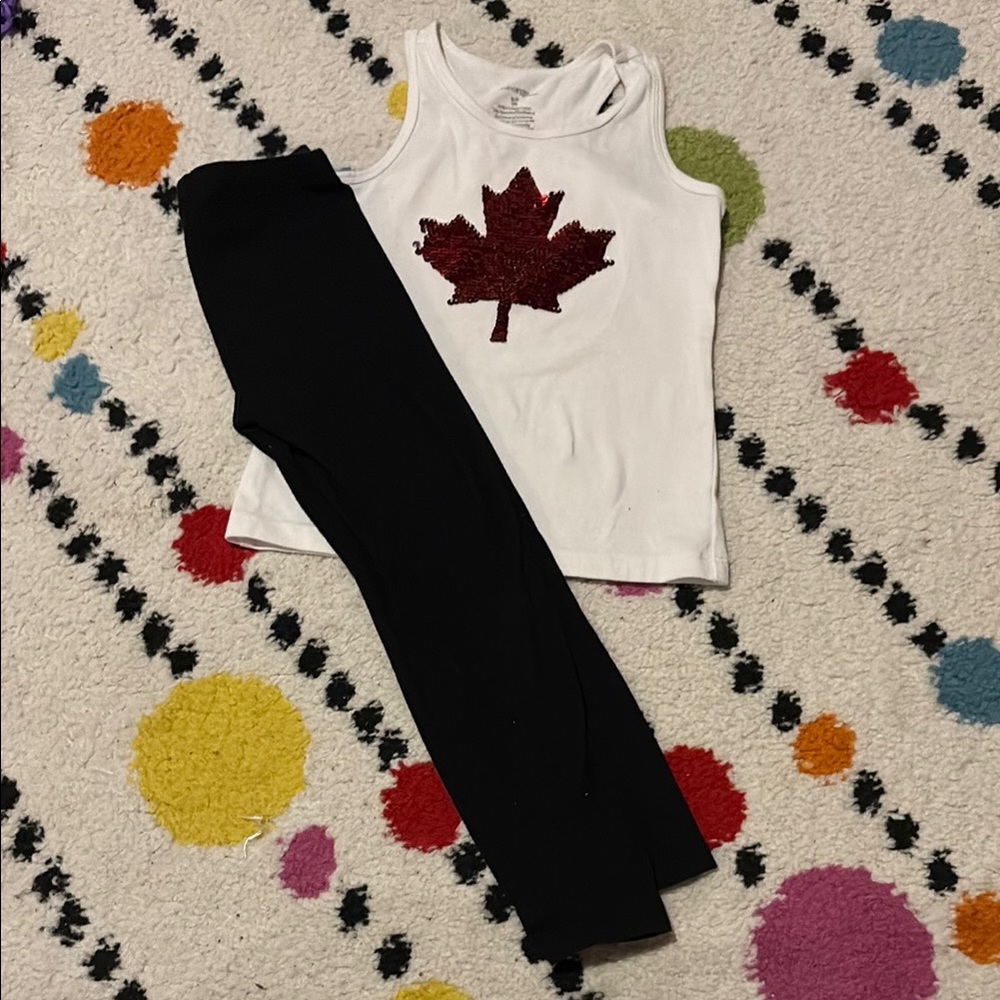 White Tank Top with Red Maple Leaf and Black Leggings